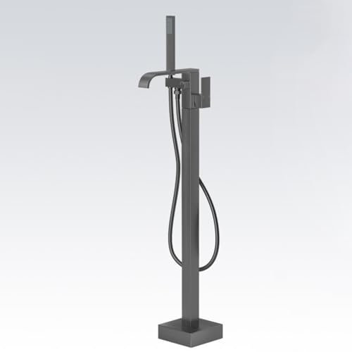 BiaoTeng Armatur Freistehende Badewanne Wasserfall Einhandmischer 2 Funktionen Messing Standarmatur Badewanne Freistehend Badewannenarmatur Bodenmontage, grau