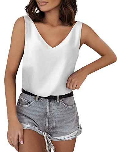 Generic Satin Tank Top Damen Ärmellose Bluse Elegant Oberteile V-Ausschnitt Blusentop Basic West Sommer Lässige Hemdbluse Shirts Unterhemden Seide Spaghettiträger Tanktops Locker T-Shirt