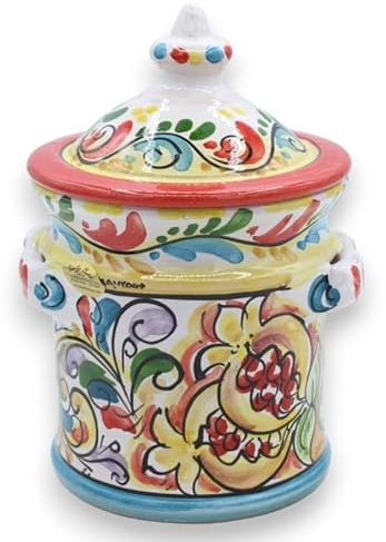 SICILIA BEDDA CAPACI Barattolo Grande con Coperchio in Ceramica Caltagirone, h 20 cm ca. Decoro Barocco Multicolore carretto Siciliano