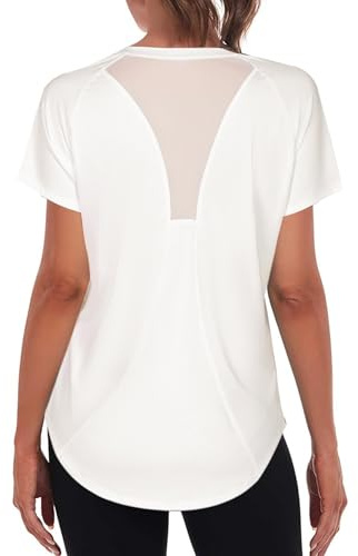 Wayleb Sportshirt Damen Kurzarm Sommer Rundhals Leichtes Atmungsaktiv Back Mesh Sport Tshirt Oberteile Lang Laufshirt Trainingsshirt Fitness Gym Yoga Top, Weiß L