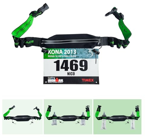 RaceFuel Triathlon Startnummernband Laufgurt mit Tasche für Handy mit Nummernhalter & 6 Halter Softflask oder Gel für Joggen Radfahren Marathons (Mit Tasche)
