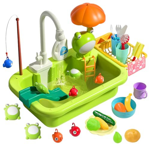 Xwin Sportseries Kitchen Sink With Running Water, 2-in-1 Kitchen Fruits and Vegetables & Fishing Rod Game For Kids Toy Set With Electric Faucet, Role Play Dishwasher Gift For Kids Age 3+