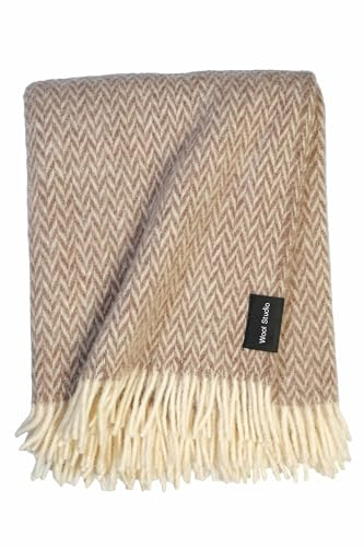 WoolStudio - Coperta in lana naturale, 130 x 170 cm, 100 % lana d'agnello, lussuosa, resistente e versatile, perfetta per casa, viaggi e avventure all'aria aperta (marrone chiaro a spina di pesce, 130