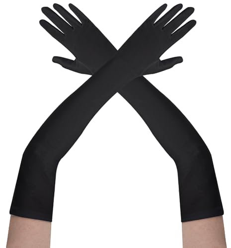 Lufdegim Lange Handschuhe Damen 1920s Style Satin Handschuhe Classic Abendhandschuhe Karneval Halloween Party Kostüm (1, Schwarz, 52cm)