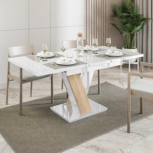 PROROOM FURNITURE MALVI Ausziehbarer Wohnzimmertisch 120-160x80 cm Rechteckiger Küchentisch Skandinavischer Stil Weiß Hochglanz Sonoma Eiche