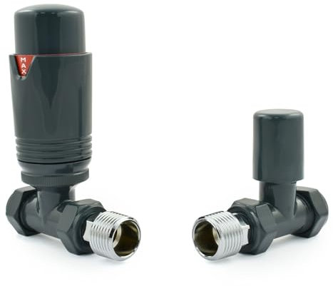 Hot Flow All-Anthracite Estuary Straight TRV Thermostatic Radiator Valve (Pair) Includes Straight TRV Body, Wheel Head & Lock Shield for Quick & Easy Temperature Control. Perfect for Energy Saving.