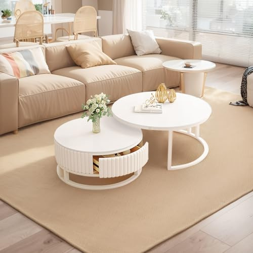 Runder Couchtisch Weiss 2er Set Modern Couch Tisch Weiß Mit Stauraum Schublade Rund Wohnzimmertisch Mit Marmor Desktop Holz Satztische Fürs Wohnzimmer Tisch Für Wohnzimmer Schlafzimmer Büro
