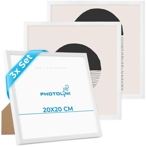 PHOTOLINI Bilderrahmen 20x20 cm Weiß, 3er Set Kunststoff-Rahmen schmal, bruchsicheres Acrylglas, zum Aufstellen und Aufhängen, extra Zubehör - Dokumentenrahmen für Urkunden, Zertifikate & Fotos