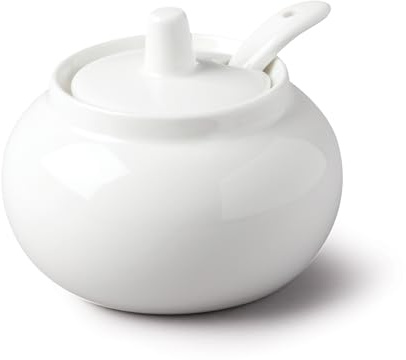 Wm Bartleet & Sons Porcelian Sugar/Jam Storage Pot with Spoon and Lid, Bellied Condiment Storage Jar, 10cm, White.