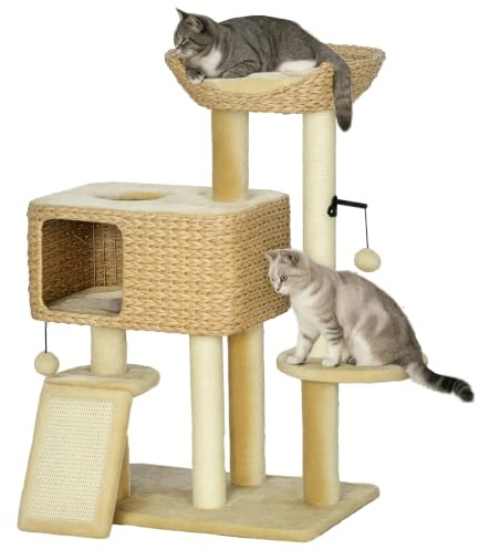 PawHut Tiragraffi per Gatti con Casetta, Trespolo e Pallina da Gioco, Albero per Gatti in Legno, Poliestere, Sisal e Cotone PP, 60x40x98 cm, Marrone e Beige