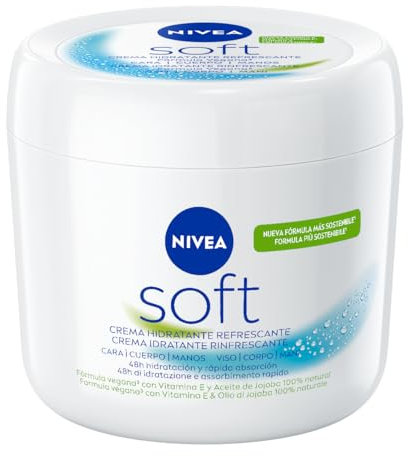 NIVEA Soft 500 ml, Crema idratante corpo, viso e mani dalla texture leggera ad assorbimento rapido, Crema multiuso arricchita con Vitamina E e Olio di Jojoba per una pelle fresca e luminosa