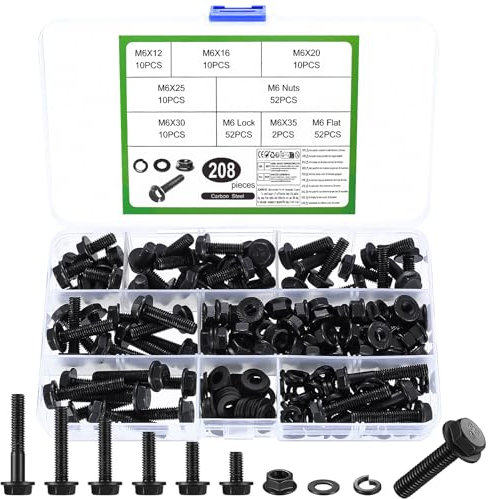 208 Pcs M6 Nuts and Bolts Set, Hex Serrated Flange Bolts and Nuts Set, Metric Flanged Hex Head Bolts and Nuts Assortment Kit, Black Assorted Machine Screws Flange Nuts Lock and Flat Washers Set (M6)