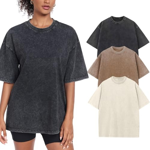 3 Pack Womens Washed Vintage Oversized T-Shirt Baggy Workout Tops Short Sleeve Cotton Tshirts Streetwear Boyfriend Tee(W-BGCFBK,m)