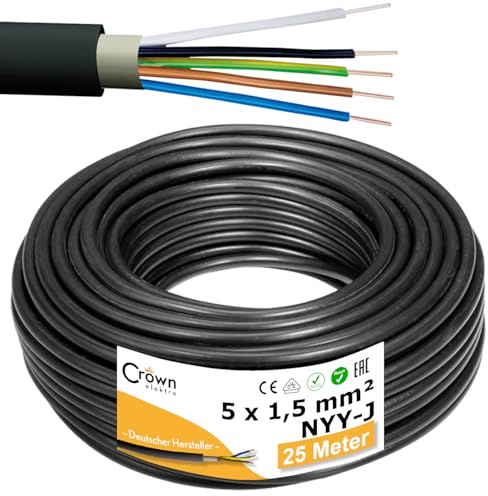 NYY-J 5x1,5mm² 25m Erdkabel Länge am Stück | Elektrokabel Ring für Verlegung im Erdreich & Außenbereich | Kupfer Eindrähtig DIN VDE 0276 Teil 603/627 | Deutsche Markenhersteller