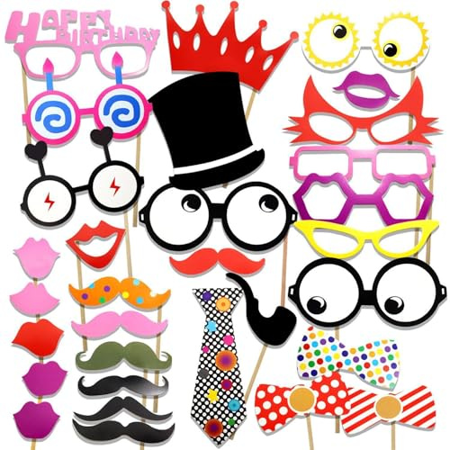 Party Photo Booth Props 31pcs Photobooth Kit, 31 Adhesive Pads, 31 Sticks - Photobooth Props - Photo Props for Photo Booth - Props for Photobooth