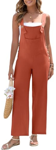 HOTIAN Dungarees Women's Linen Summer Elegant Jumpsuit Linen Trousers Long Casual Loose Jumpsuit with Large Pockets Bib Pants, red, M