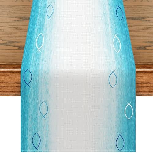 Chemin de Table Baptême Décoration Baptême Champetre Toile de Jute, Baby Shower Décoration Table, Decoration Première Communion Decoration Bapteme Garçon et Fille (Poisson Bleu, 40*140 cm)