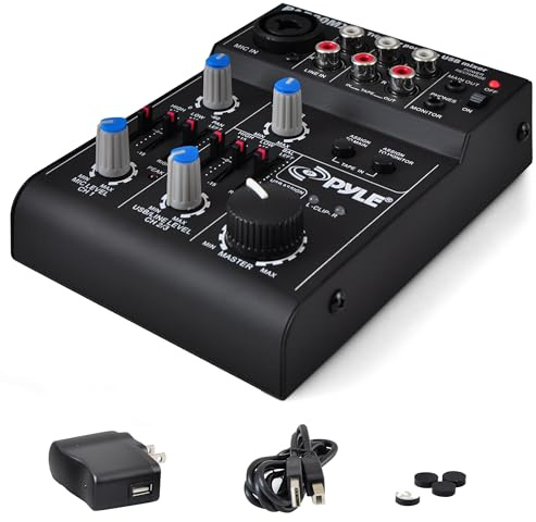 Pyle Mixer audio professionale a 5 canali DJ Sound Board - Mixer musicale compatto con interfaccia USB, controlli EQ, ingresso microfono XLR, alimentazione phantom 18V, batteria ricaricabile
