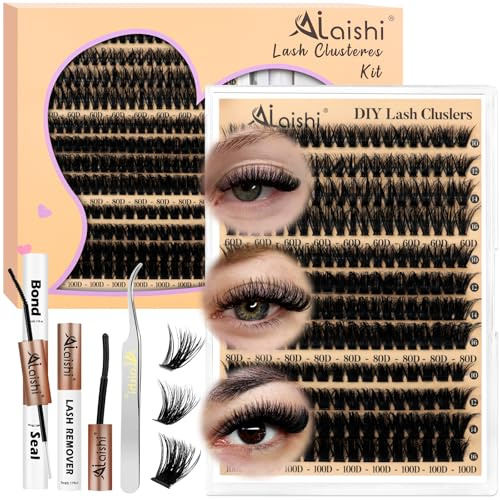 AILAISHI Profi Wimpern Set, 224 Stück Cluster Lashes 9-16mm, 60D+80D+100D Maximal Volumen, Fluffy D Curl mit Bond & Seal, Pinzette – Ultimate Wimpernverlängerung Kit