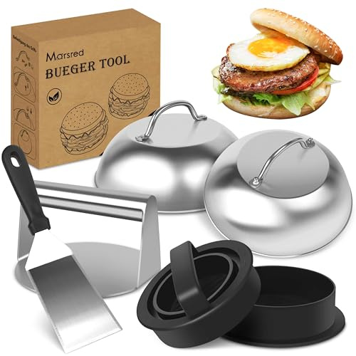 Marsred Burger Set, inkl. 2 Edelstahl Burgerglocken, Burgerpresse, Smasher, Pattywender, Komplettes Burger Grill Set für BBQ Plancha, Grillplatte, Gasgrill & Feuerplatte