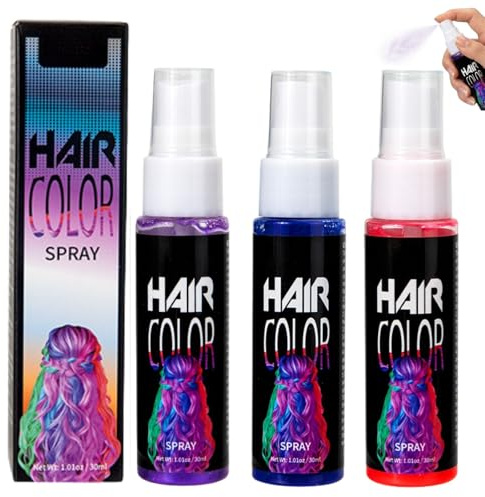 3 Pack Temporary Hair Dye Spray - Red Blue Purple Coloured Hair Spray Wash Out - Plant-Based Instant Hair Styling Foam for Halloween, Party, Cosplay, Costume - One Day Vibrant Colour