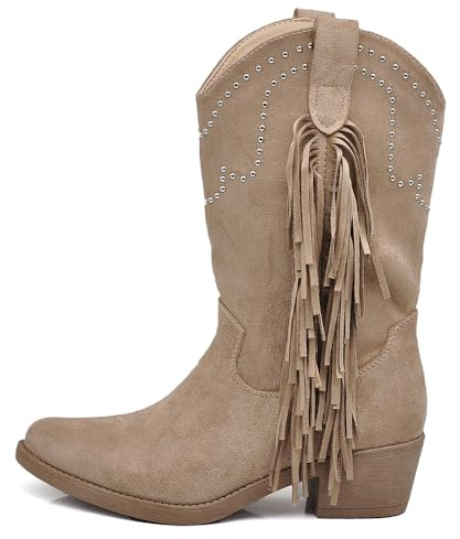 IF Texani Cowboy Western Scarpe da Donna Stivali Stivaletti Frange Borchie Camperos Etnici KL995 Khaki N.37