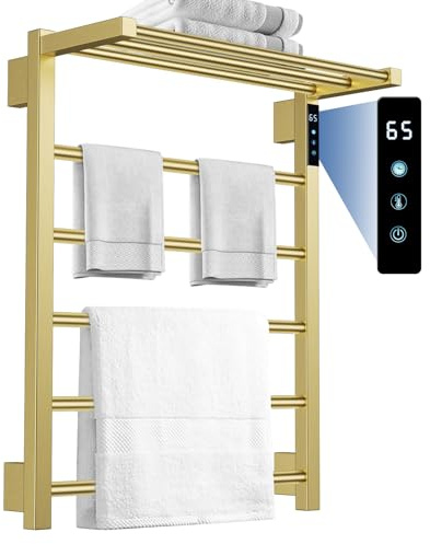 TURS Electric Heated Towel Rail for Bathroom,H620mm W500mm,Brushed Gold | Stainless Steel Wall Mounted Towel Radiator,with Thermostat & Timer,Adjustable Temperature