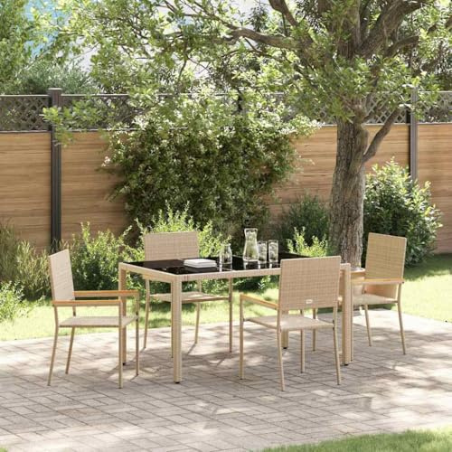 Qnhdfrt Gruppo da giardino, 5 pezzi, in rattan sintetico, beige, 150 x 90 x 75 cm, con piano in vetro temperato e sedie da giardino imbottite, design moderno, robusto e resistente alle intemperie, per