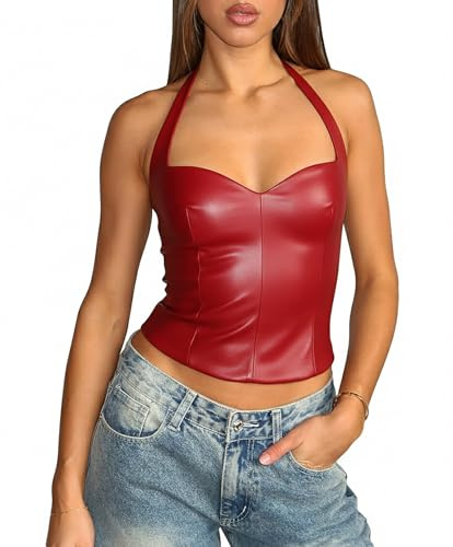 Coloquin Womens Leather Top Sexy Sweetheart Halter Neck Top Backless Party Going Out Tops Clubbing Outfits Red S