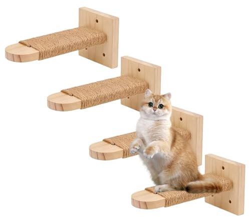 BAIFULAI 4er-Pack Katzentreppe Wand, Naturholz Kletterwand Katzen, Katzen Kletterwand Set, aus 2cm Massives Gummiholz, Katzenwandstufen für Katze Klettern Spielen, Stabile Wandliege bis 20 kg