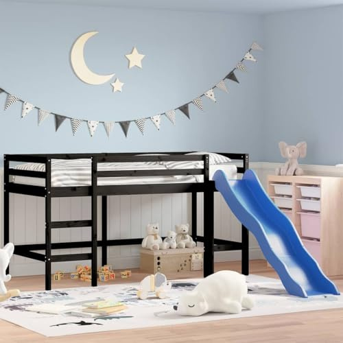 Runheo Kinderhochbett mit Rutsche, Schwarz 80x200 cm, Massivholz Kiefer, Spielbett für Kinderzimmer, platzsparend, 80 kg Belastbarkeit