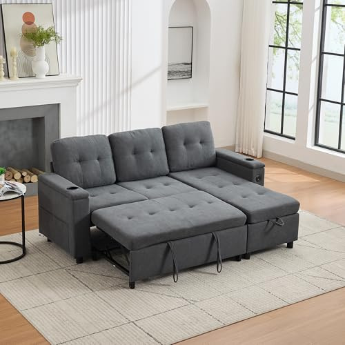 Merax Ecksofa mit Schlaffunktion & Bettkasten, L-Form Polstersofas mit LED, 3-Sitzer Ausziehbares Schlafsofa, Klappsofa mit Ladefunktion & Getränkehaltern, Polstermöbel für Wohnzimmer, Wohnung, Grau