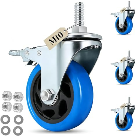 IQWTU 100mm Ruote per Mobili con Perno Filettato M10 x 1,5 x 30 mm, Set di 4 Ruote per Carrello Carichi Pesanti con Freno, Rotelle Girevoli Cuscinetti Doppi Ruote Fino 500kg, Girevoli a 360°