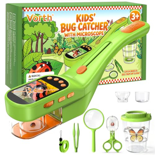 Vorth Bug Catcher for Kids with Microscope, Bug Catching Kit | Outdoor Toys with Magnifier, Tweezers & Insect Box, STEM Educational Birthday Gift for Kids Ages 3-12，Bug Kids Microscope