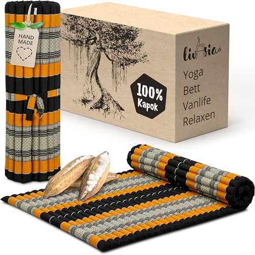 livasia Rollmatte Rollmatratze L breit bequem - 200x110x4,5cm - Gästebett Gästematratze 1 Person, Reisebett Kofferraum Outdoor, Thaimatte Kapok Garten Balkon handgefertigt (Schwarz/Orange)