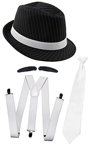 Foxxeo - Gangster Set für Erwachsene: Hosenträger, Krawatte, Hut, Bart - Karneval, Partygänger, Kostüm