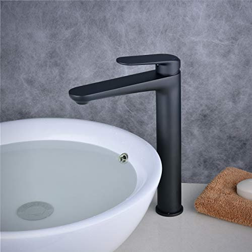 Badezimmer Waschtischarmatur Mischbatterie Einhebel Wasserhahn Hoch Waschbecken Armatur Ein Loch, Matt-schwarz, Beelee BL6697BH