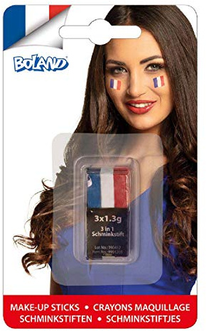 Boland 61986 - Schminkstift Frankreich, 3 Farben in einem Stift, Länderflagge, Körperfarbe, leicht zum Auftragen und wieder zu Entfernen, Weltmeisterschaft, Europameisterschaft, Mottoparty, Karneval