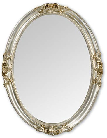 MO.WA Spiegel Wandspiegel Oval Klassisch Barock Stil 63x83 Blattsilber Antik. Ovaler Spiegel Silber Holzrahmen Wohnzimmer Schlafzimmer Badezimmer Flurspiegel - Dekospiegel