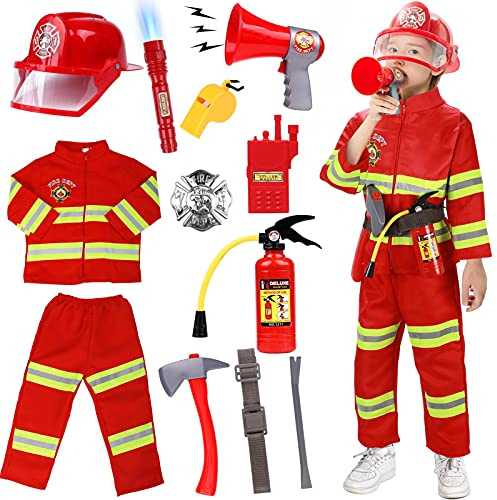 Tacobear Pompier Deguisement Enfant Pompier Costume avec Jouet Extincteur Jouet Accessoires Jeu de Rôle pour Carnaval Halloween Enfant Garçon Fille 3 4 5 6 7 8 9 ans (M(120CM))