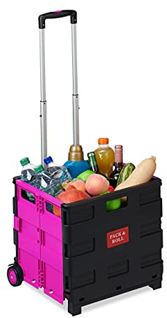 Relaxdays Einkaufstrolley klappbar, Teleskop-Griff, 2 Gummi Rollen, pink | bis 35 kg, Shopping Trolley, Aluminium, ABS