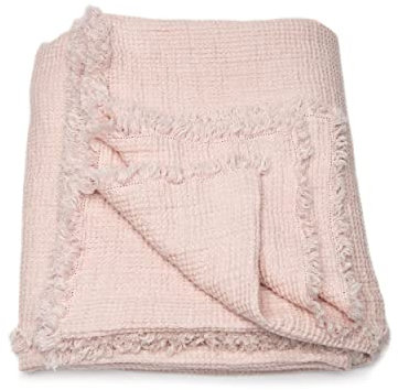LinenMe Gewaschenes Waffelpique Fransig Leinen Plaid Rosa, 155x200 cm