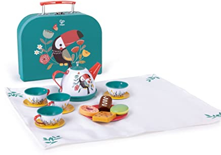 Hape Tea Set for Little Girls & Boys, 18-Piece Tin Tea Party Set with Toucan Carrying Case, Toy Teapot, Play Food Cookies & Picnic Cloth, Pretend Play Kitchen Accessories for Toddlers Ages 3+