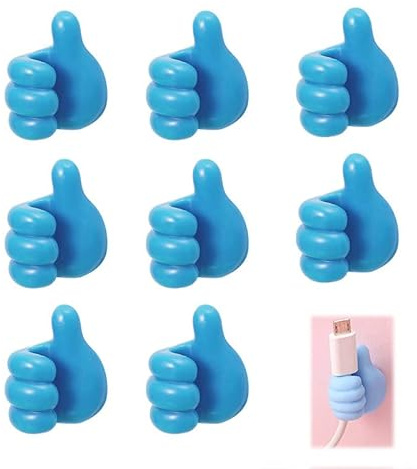 Silicone Thumb Wall Hook,8 Pcs Creative Adhesive Thumb Cable Clip Key Hook,Multi-Function Wall Hangers for Data Cable Earphone Belt Hat Key Masks Plugs Storage (Blue)