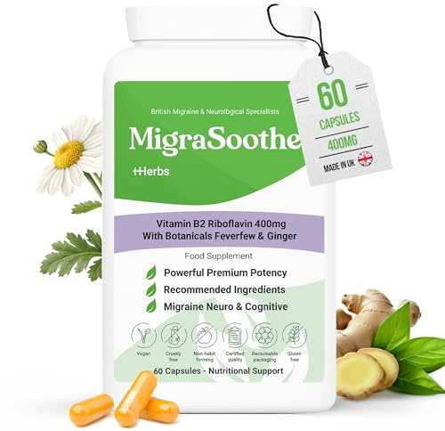 Migraine Relief Feverfew + Ginger + Vitamin B2 Riboflavin 400mg per Capsule - Migrasoothe + Herbs NHS Recommended Ingredients UK Made Stress, Headaches Tremors & Energy Vegan. Vitamin B2 400 [60]