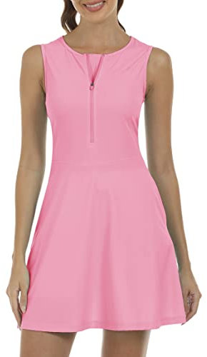 JINSHI Femmes Robe d'entraînement sans Manches avec Short intérieur Robe Polo d'été pour Sports Athlétiques Golf et Tennis avec Poches Rose Taille L