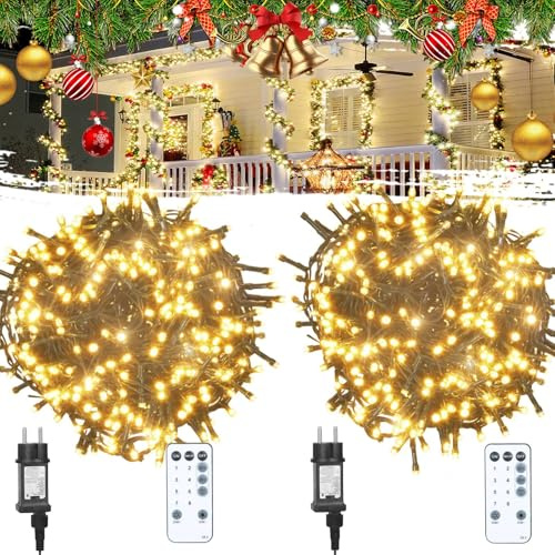 litren (2 Stück) 31M 210LEDs Lichterkette Innen mit Stecker Cluster Lichterkette Warmweiß Weihnachtsbaum Beleuchtung mit Fernbedienung, Timer, 8 Modi, IP65 Wasserdicht für Aussen/Innen Weihnachtsdeko