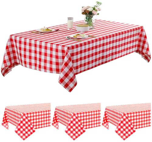 Cisolen Engångsduk i rött och vitt, Gingham-rutig, PE-bordsduk, rektangulära dukar för fest, jul, bröllop, picknick, födelsedag, halloween, dekorationer, 130 x 220 cm, 4 stycken
