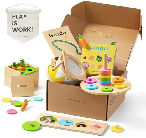 Tiny Land Set Giocattoli Montessori per Bimbi 13-15 Mesi - Tamburo Bimbi, Gioco Carote, Piatto Impilabile Accoppiamento Colore, Puzzle Accoppiamento Taglia, Libro Cartone Colorato