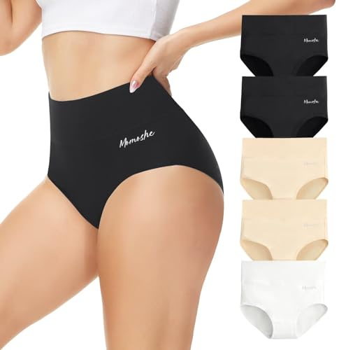 Momoshe Bragas Mujer Algodon Cintura Alta Pack de 5 Braguita de Talle Alto Culotte Cómodo Talla Ropa Interior Negro Blanco Beige M